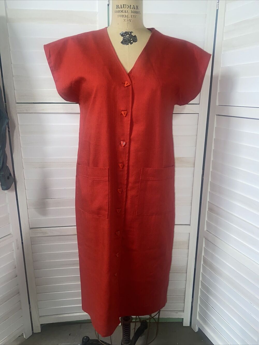 Vintage 60s 70s Handmade Red Sheath Shirt Linen Dress Triangle Buttons Medium